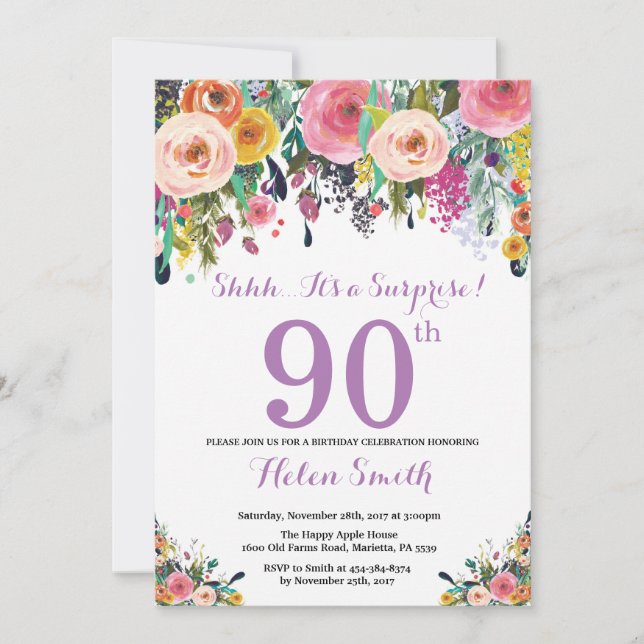 Floral Surprise 90th Birthday Invitation Purple (Front)
