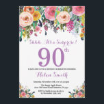 Floral Surprise 90th Birthday Invitation Purple<br><div class="desc">Floral Surprise 90th Birthday Invitation for Women. Watercolor Floral Flower. Pink, Yellow, Orange, Purple Flower. Adult Birthday. 30th 40th 50th 60th 70th 80th 90th 100th 13th 15th 16th 18th 20th 21st Any Age. For further customization, please click the "Customize it" button and use our design tool to modify this template....</div>