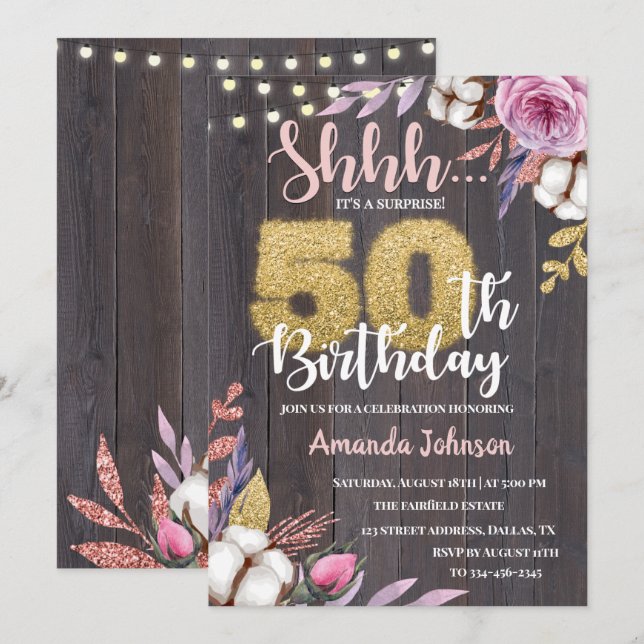 Floral Surprise Party 50e anniversaire Invitation (Devant / Derrière)