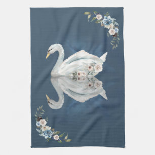 Floral Swan Blue Reflection Kitchen Towel