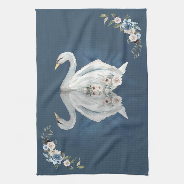 Floral Swan Blue Reflection Kitchen Towel (Vertical)