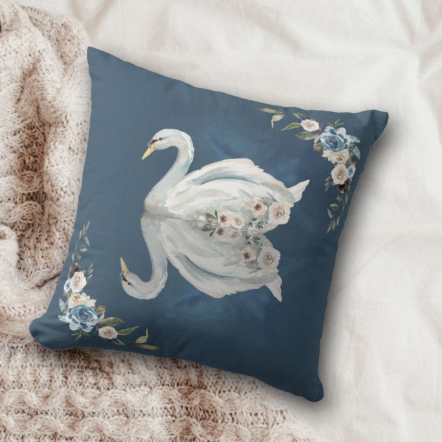 Floral Swan Blue Reflection Throw Pillow (Creator Uploaded)