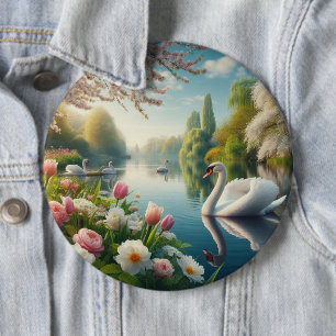 Floral swan lake spring artwork 6 inch round button