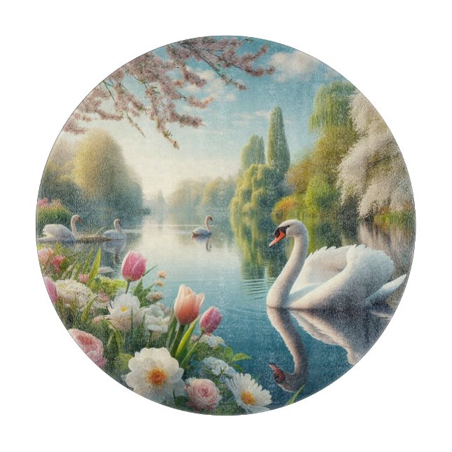Floral swan lake spring artwork cutting board (Front)