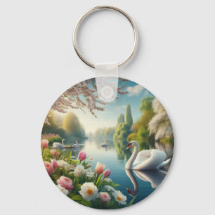 Floral swan lake spring artwork keychain