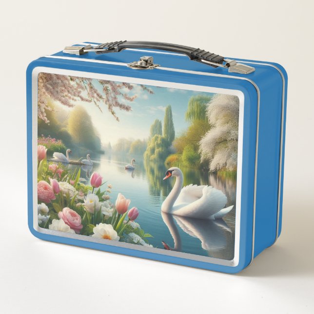Floral swan lake spring artwork metal lunch box (Front)