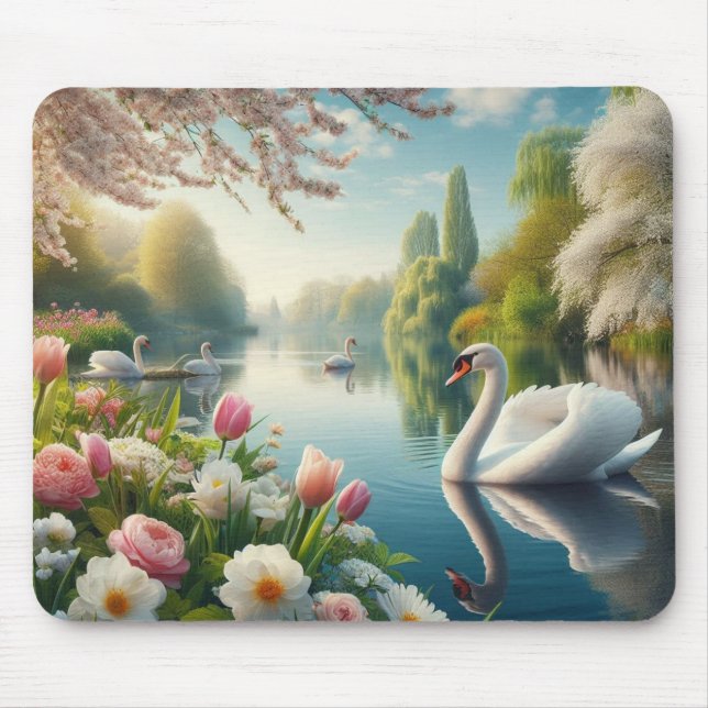 Floral swan lake spring artwork mouse pad (Front)