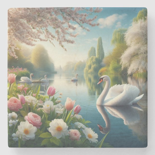 Floral swan lake spring artwork stone coaster (Front)