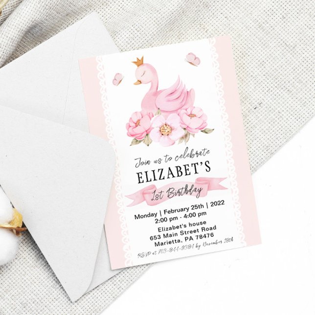 Floral Swan Princess Invitation de fête d'annivers (Créateur téléchargé)