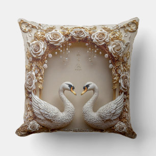 Floral Swans Wedding Gold Pearl Romantic Blossom Throw Pillow