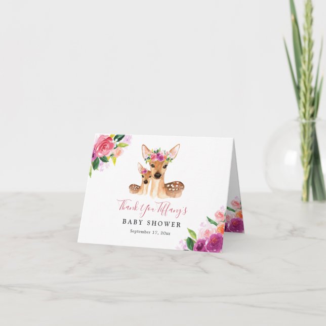 Floral Sweet Deer Mom And Baby Baby Shower Thank You Card (Front)