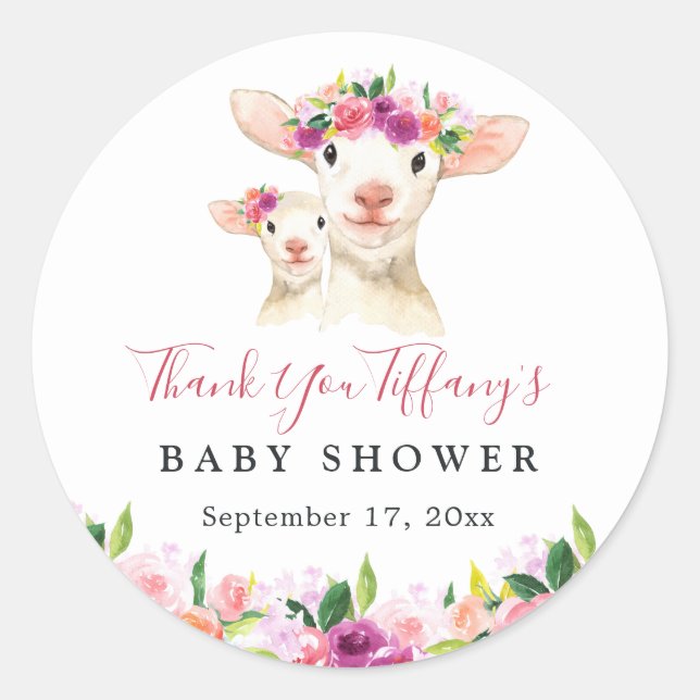 Floral Sweet Mom And Baby Lamb Baby Shower Classic Round Sticker (Front)