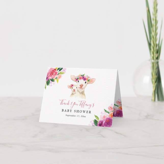 Floral Sweet Mom And Baby Lamb Baby Shower Thank You Card (Front)