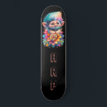 *~* Floral Sweet Troll AP89 Neon Rainbow Initials Skateboard<br><div class="desc">(Search code AP89 for Troll items and AP88 for medieval theme items ) Easily Transfer to other Zazzle Products. BLACK background Skateboard. The bright happy NEON Rainbow colours just pop the TROLL images and LETTERS. Customize / Personalize your INITIALS / MONOGRAM. Whimsical Cute funny Long Hair Troll . Bright RAINBOW...</div>
