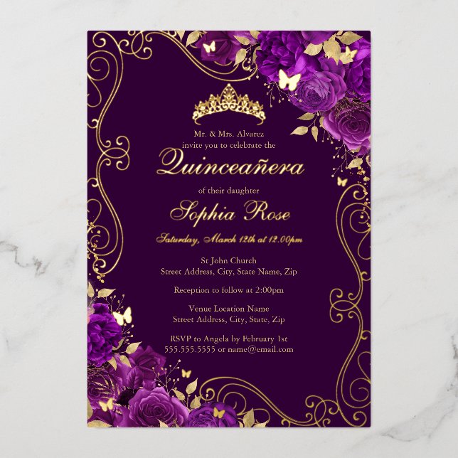 Floral Swirl Butterfly Purple Quinceanera (Front)