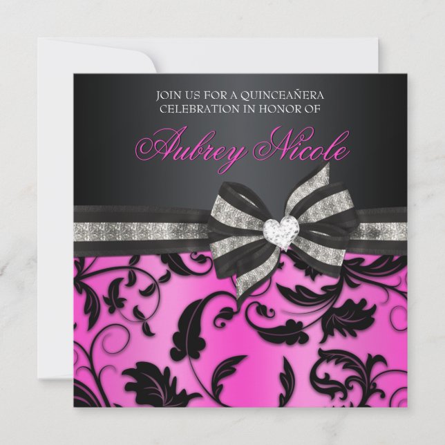 Floral Swirl Quinceañera Invite With Jewelled Bow (Front)