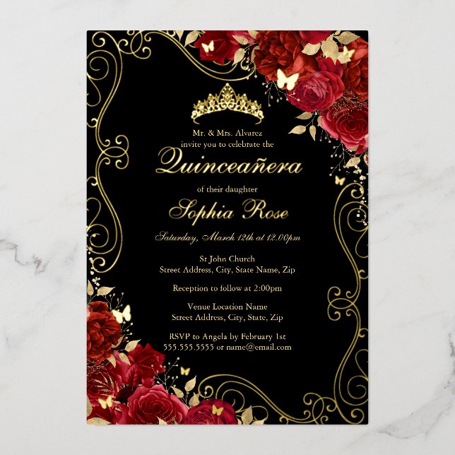 Floral Swirl Red Gold Black Butterfly Quinceanera (Front)
