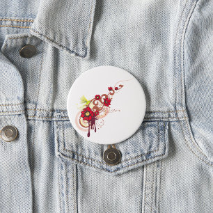 Floral Swirl with Red Flowers and Hummingbird 3 Inch Round Button