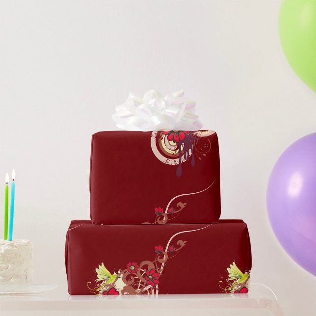 Floral Swirl with Red Flowers and Hummingbird  Wrapping Paper (Creator Uploaded)