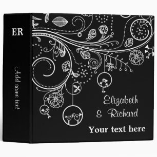 Floral swirls & birds black white wedding planner binder