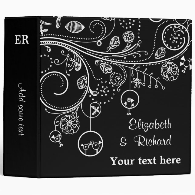 Floral swirls & birds black white wedding planner binder (Front/Spine)