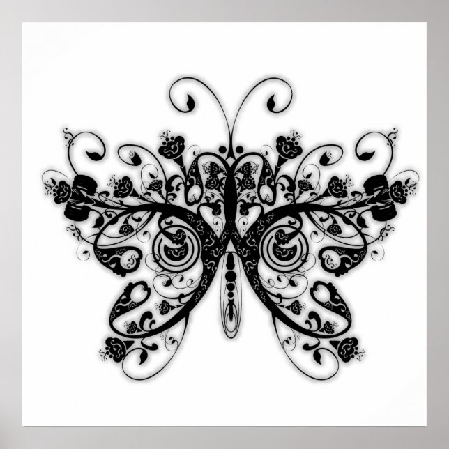 Floral Swirls Butterfly - Black & White Poster (Front)