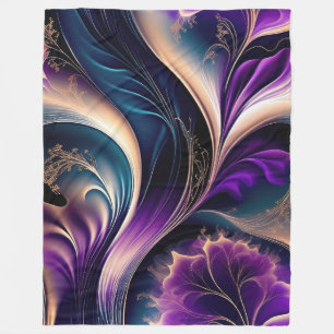 Floral Symphony - Deep Purple and Gold Abstract Fleece Blanket