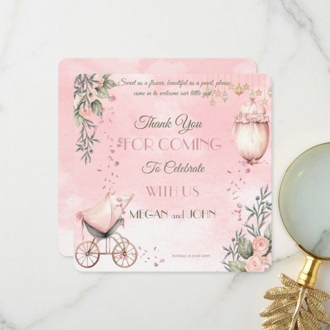 Floral Symphony in Pink Co-Ed Girl Baby Shower Thank You Card (Front/Back In Situ)