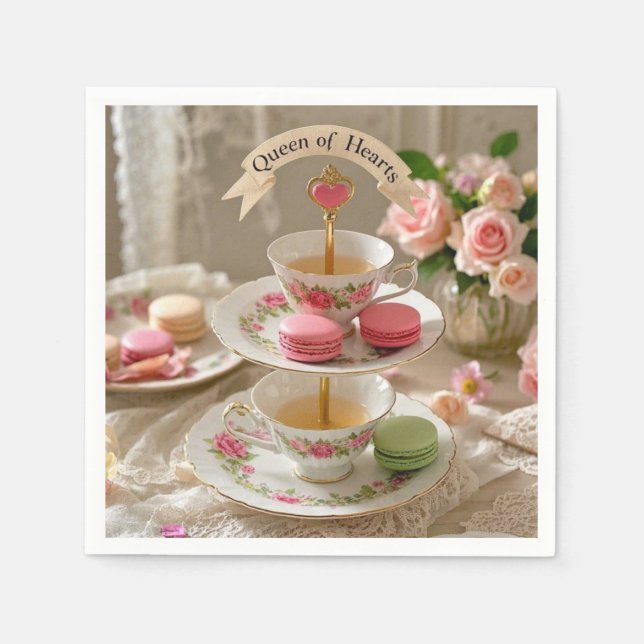 Floral table, teacups, tiered trays macarons queen napkin (Front)