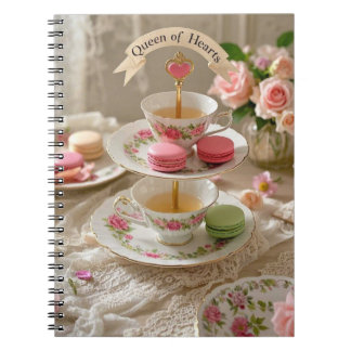 Floral table, teacups, tiered trays macarons queen notebook