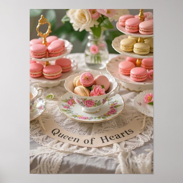 Floral table, teacups, tiered trays macarons queen poster (Front)