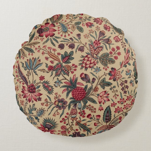Floral Tapestry Needlework Flower Art Round Pillow (Front)
