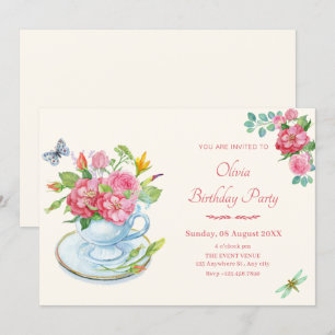 Floral tea cup birthday invitation