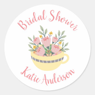 Floral Tea Cup Calligraphy Bridal Shower  Classic Round Sticker