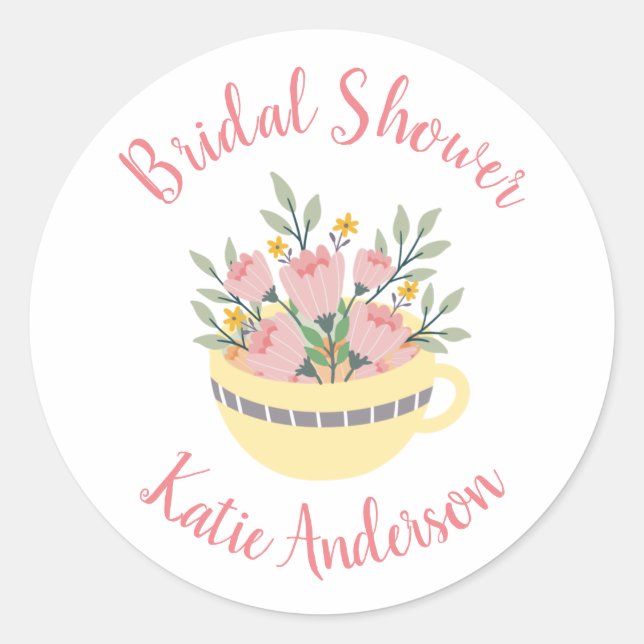 Floral Tea Cup Calligraphy Bridal Shower  Classic Round Sticker (Front)