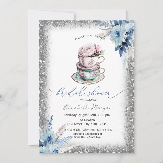 Floral Tea cup Glitter Frame Baby Shower  Invitation (Front)