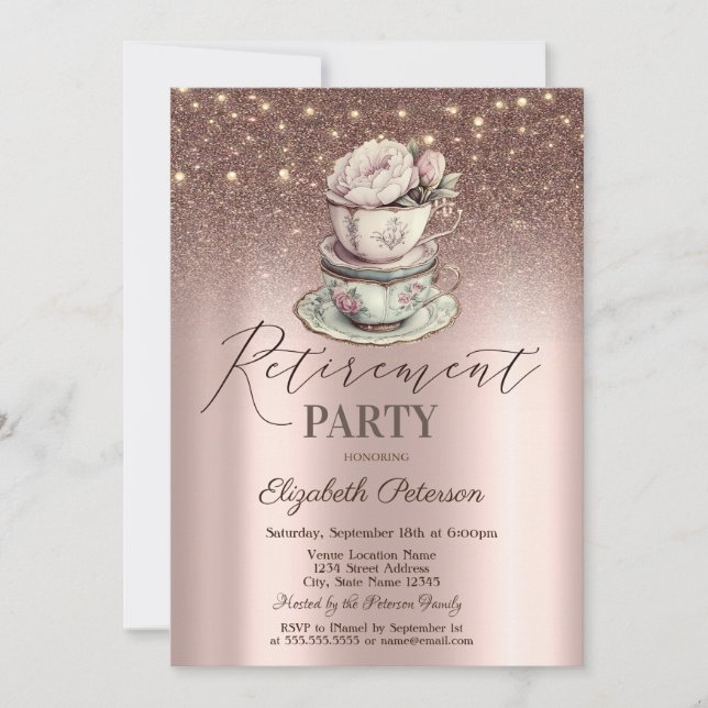 Floral Tea Cup,Glitter,String Lights Retirement Invitation (Front)