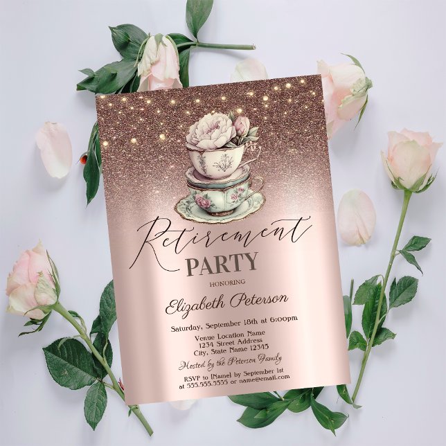 Floral Tea Cup,Glitter,String Lights Retirement Invitation (Creator Uploaded)