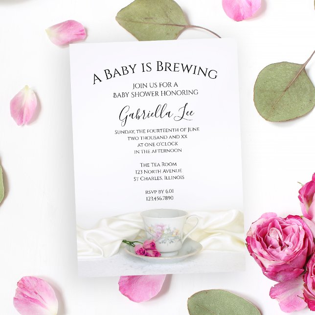 Floral Tea Cup Pink Roses Baby is Brewing Shower Invitation (Creator Uploaded)