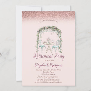 Floral Tea Cup Rose Gold Bokeh Retirement Invitation