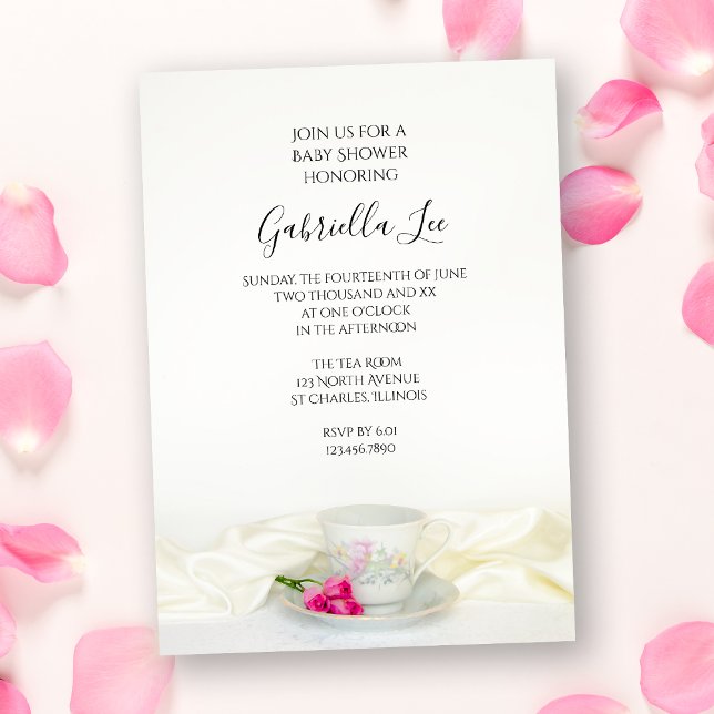 Floral Tea Cup with Pink Roses Baby Shower Invitation (Creator Uploaded)