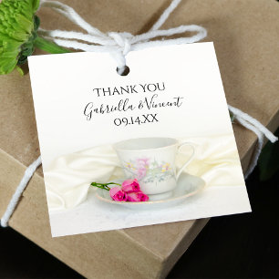 Floral Tea Cup with Pink Roses Wedding Favour Tags