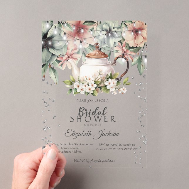 Floral Tea CupBrush Stroke Bridal Shower Acrylic Invitations (Insitu (Handheld))