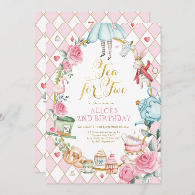 Floral Tea for Two Alice in Wonderland Birthday Invitation (Front/Back)