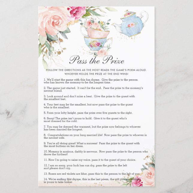 Floral Tea Party Baby Shower Pass the Prize Game (Front)