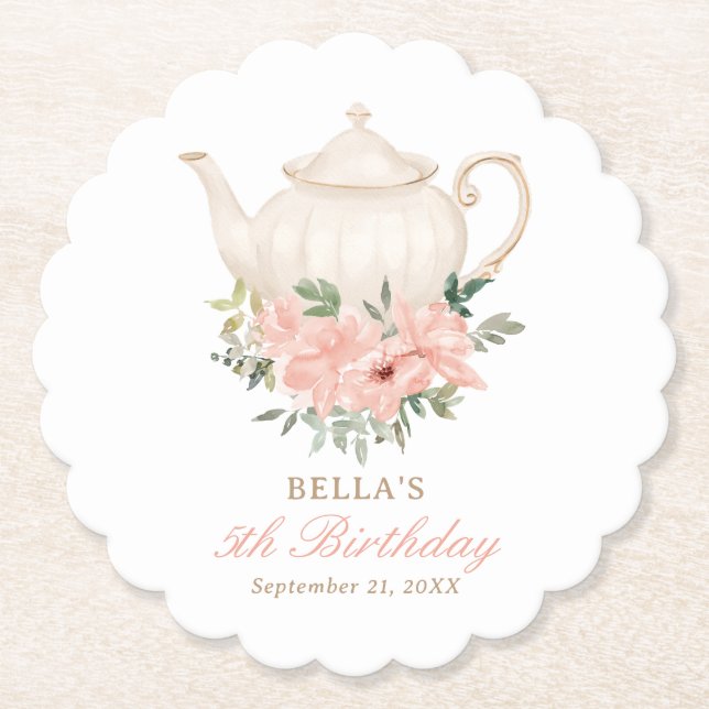 Floral Tea Party Birthday Paper Coaster (Front)