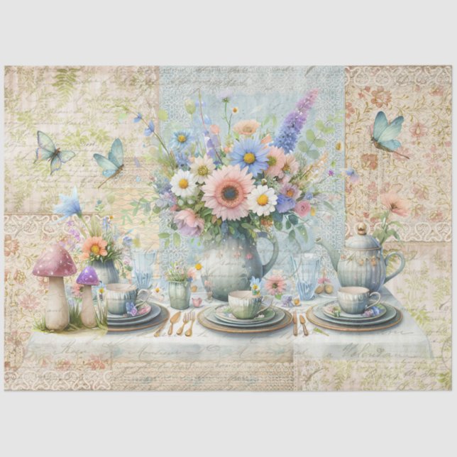 Floral Tea Party Pastel Bouquet Blue Pink Preppy Tissue Paper (Front)