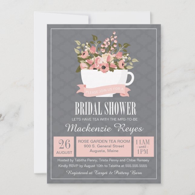 Floral Teacup Bridal Shower Invitation, Tea Party Invitation (Front)