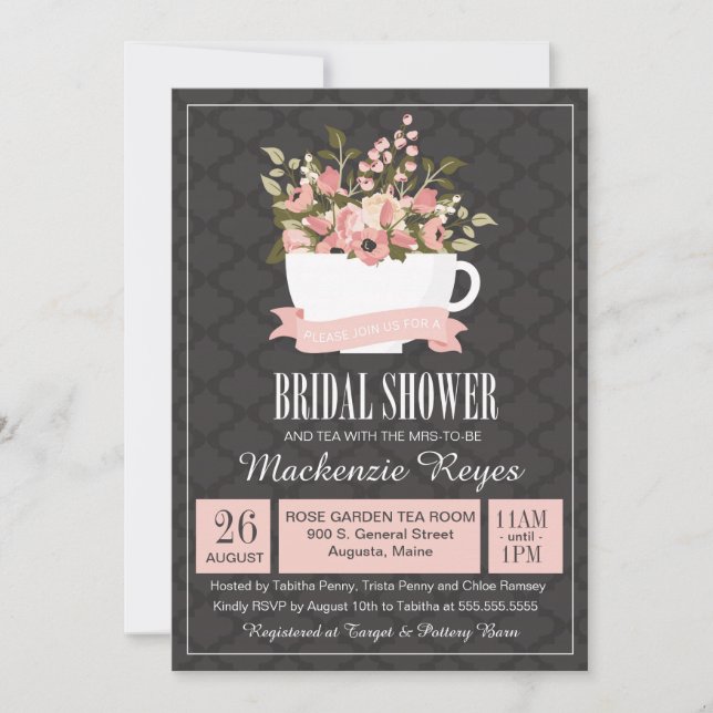 Floral Teacup Bridal Shower Invitation, Tea Party Invitation (Front)