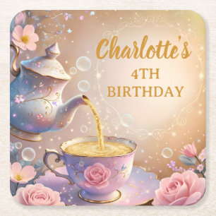 Floral Teacup & Teapot - Pastel Elegant Tea Party Square Paper Coaster